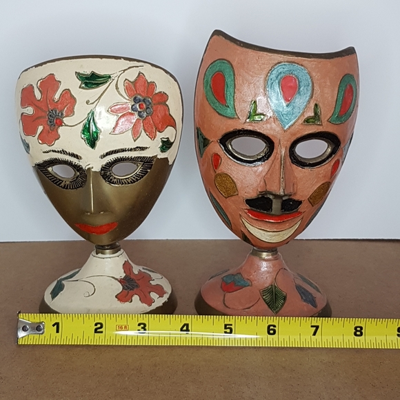 Brass Enameled Mask Statues, 2 Piece Set - Picture 3 of 8